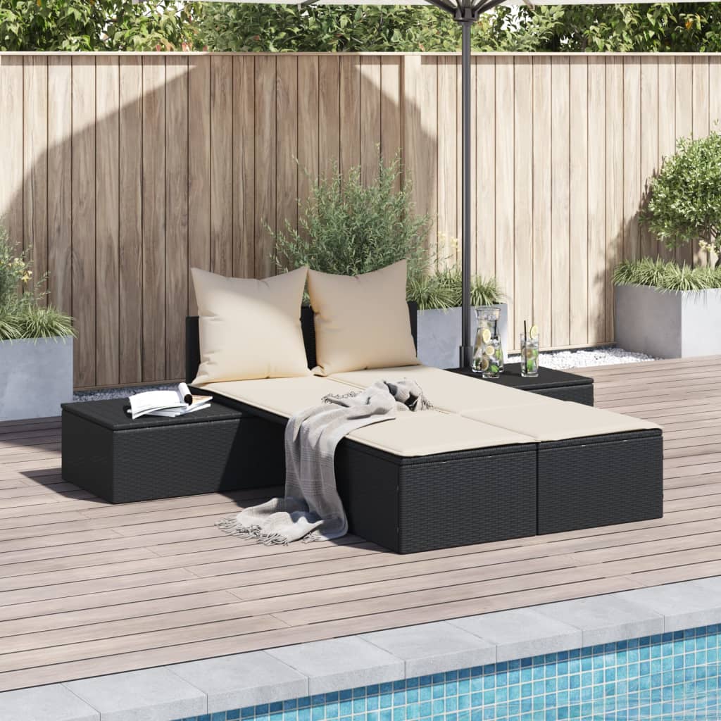 vidaXL Ligbed 2-persoons met kussens poly rattan zwart