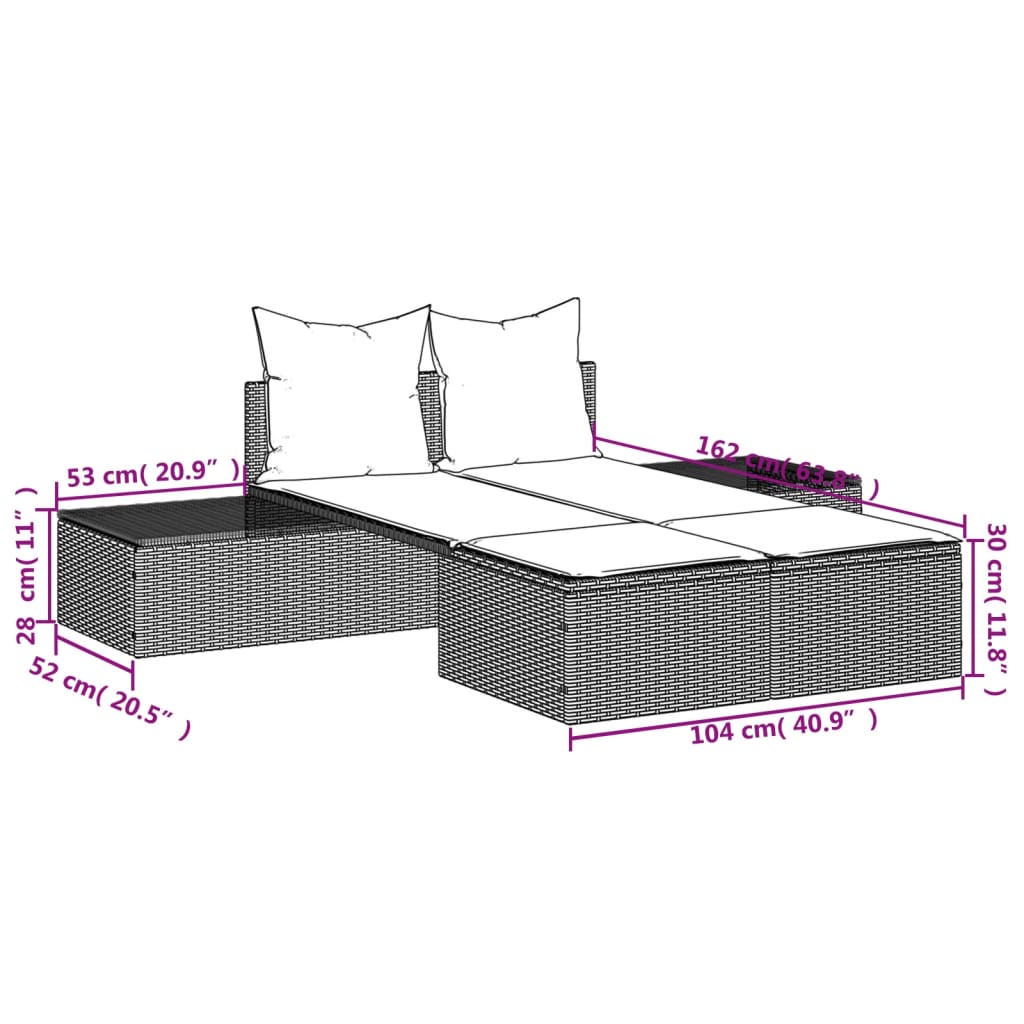 vidaXL Ligbed 2-persoons met kussens poly rattan zwart
