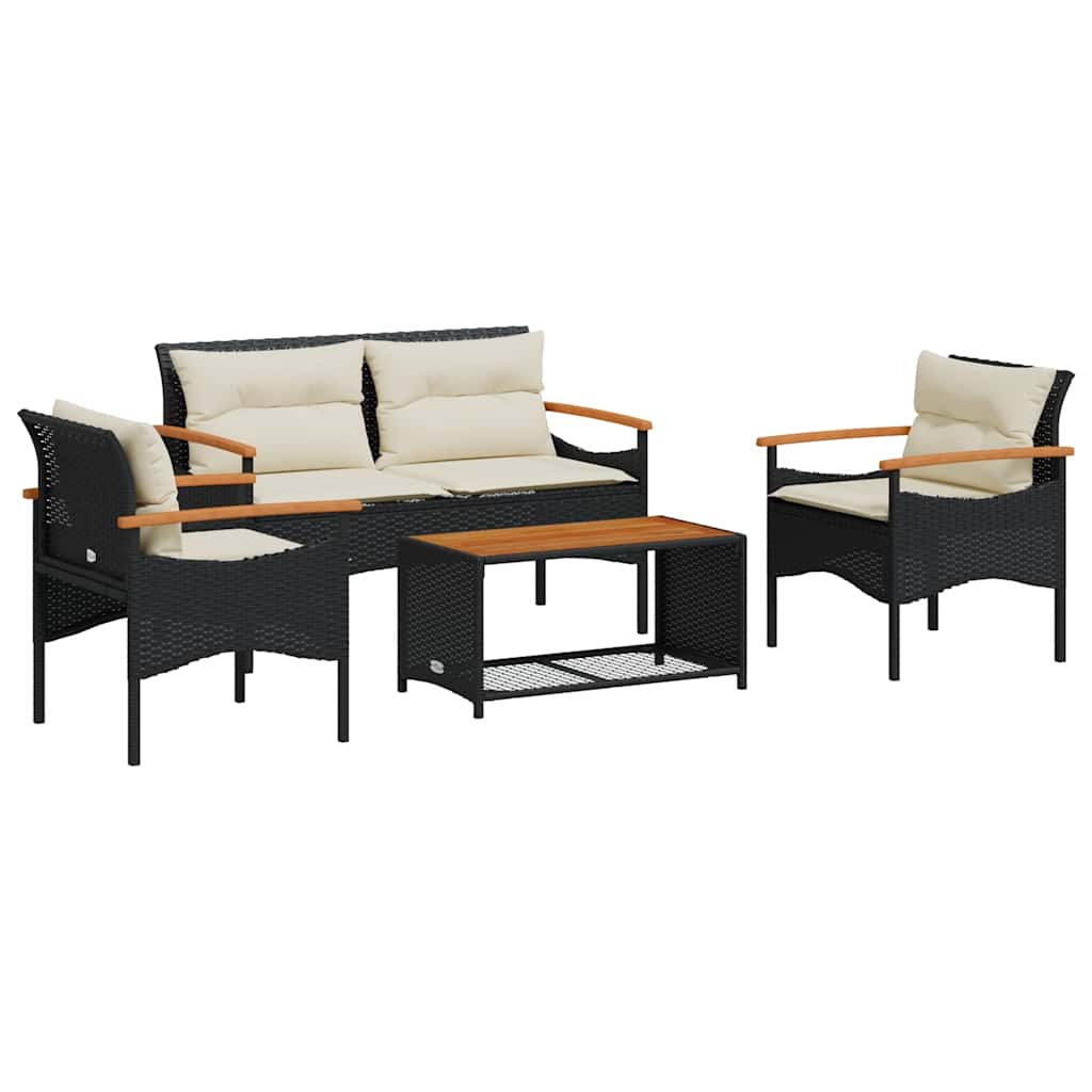 vidaXL 4-delige Loungeset met kussens poly rattan zwart