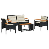 vidaXL 4-delige Loungeset met kussens poly rattan zwart