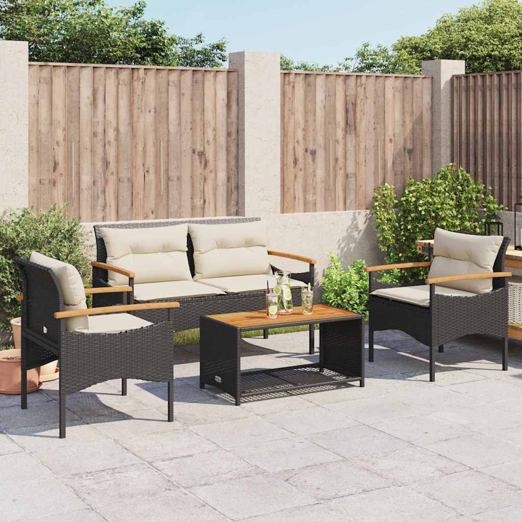 vidaXL 4-delige Loungeset met kussens poly rattan zwart