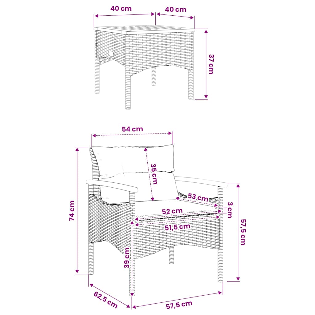 vidaXL 3-delige Loungeset met kussens poly rattan zwart