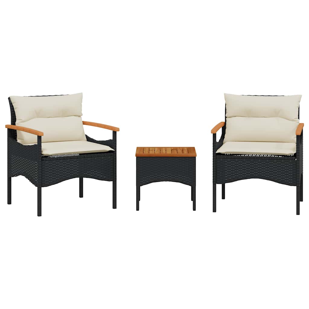 vidaXL 3-delige Loungeset met kussens poly rattan zwart