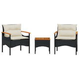 vidaXL 3-delige Loungeset met kussens poly rattan zwart