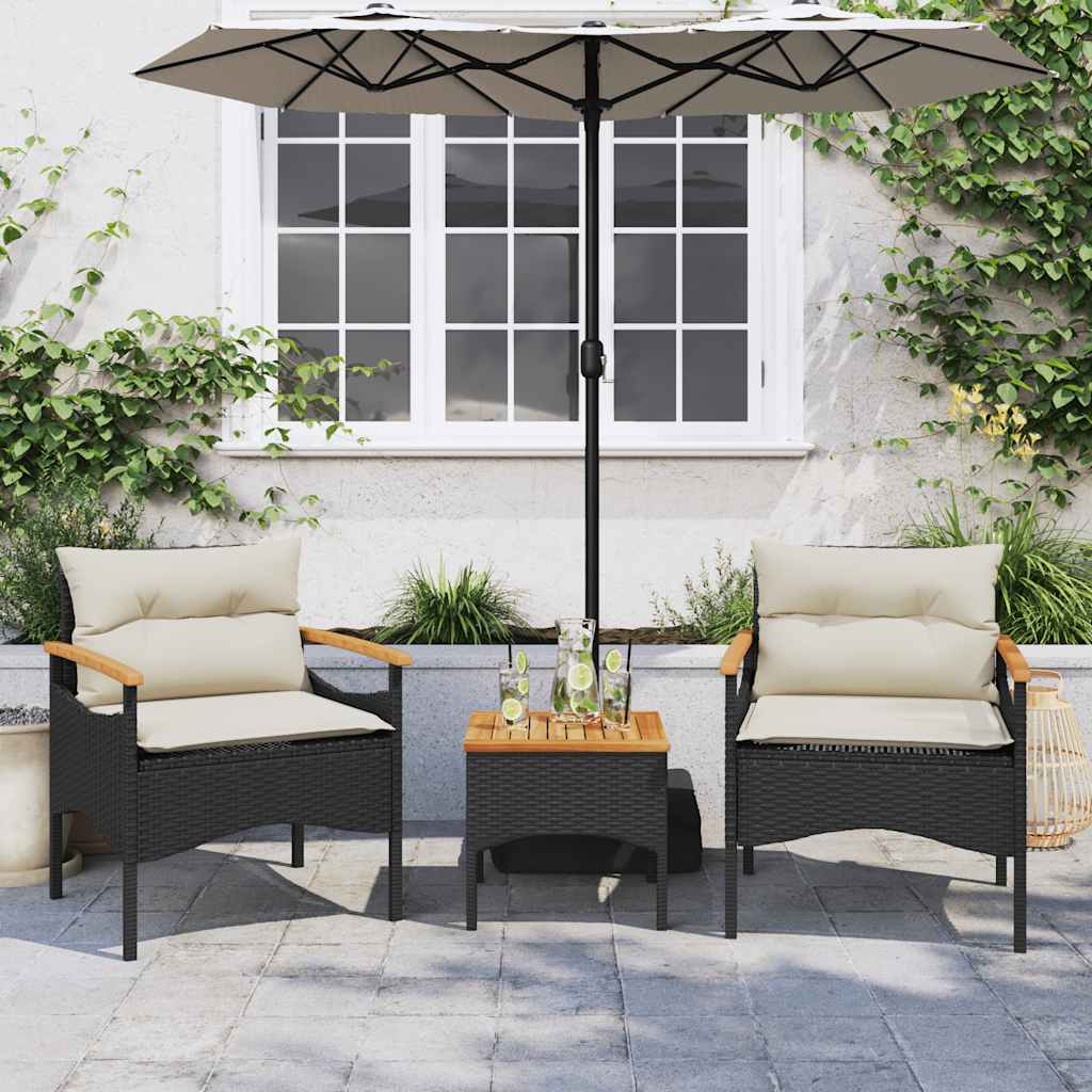 vidaXL 3-delige Loungeset met kussens poly rattan zwart