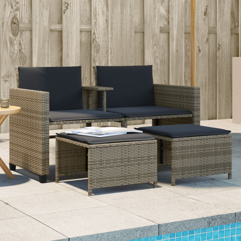 vidaXL Tuinbank 2-zits met tafel en voetenbanken poly rattan zwart