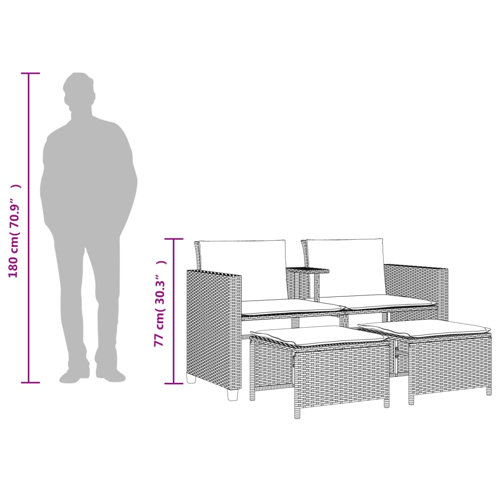vidaXL Tuinbank 2-zits met tafel en voetenbanken poly rattan zwart