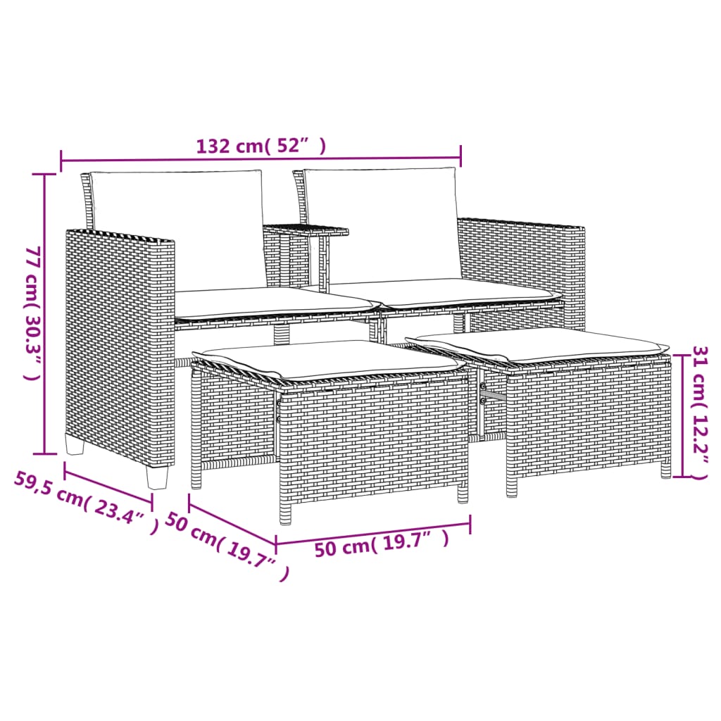 vidaXL Tuinbank 2-zits met tafel en voetenbanken poly rattan zwart