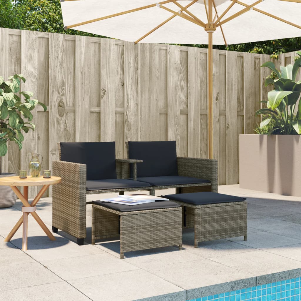 vidaXL Tuinbank 2-zits met tafel en voetenbanken poly rattan zwart