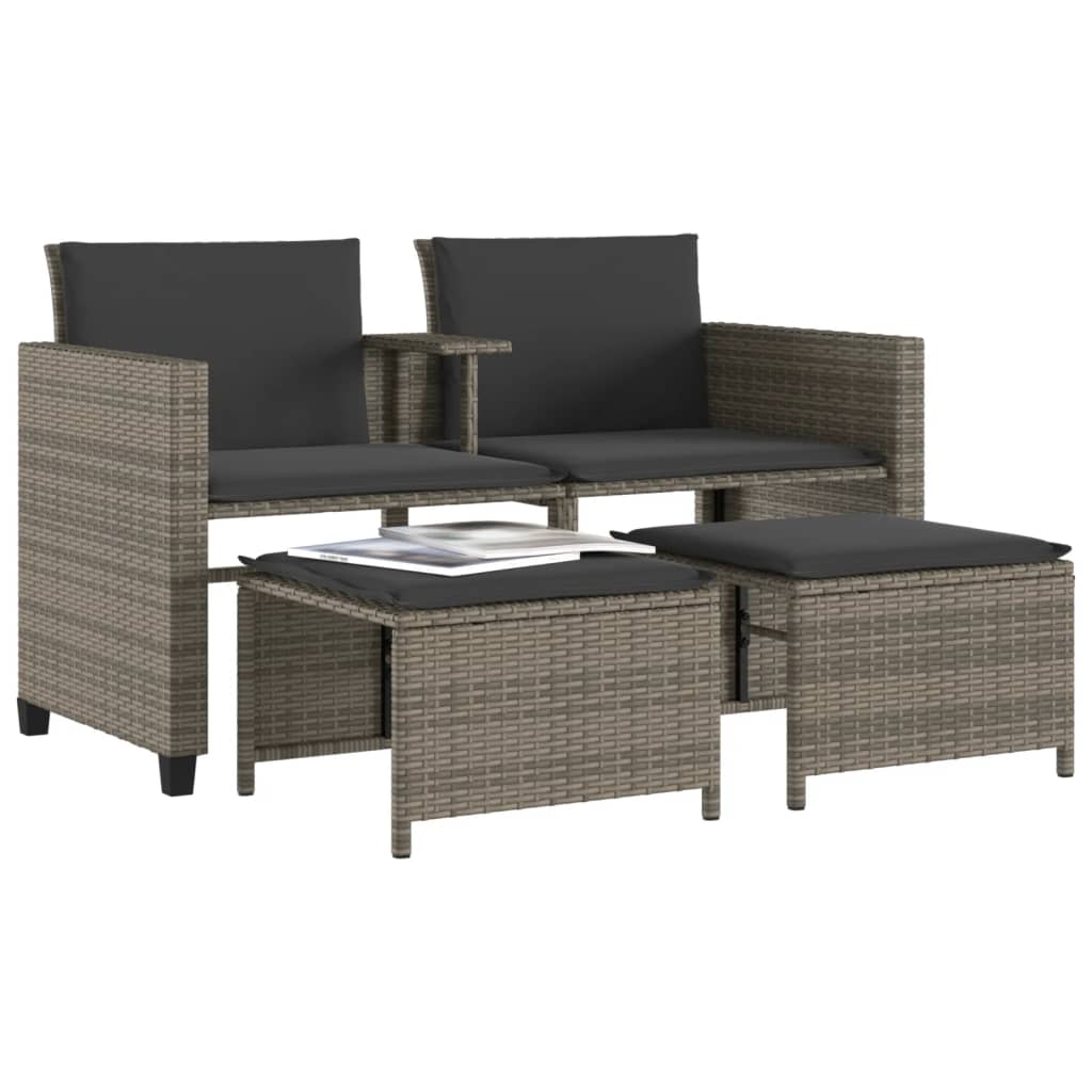 vidaXL Tuinbank 2-zits met tafel en voetenbanken poly rattan zwart
