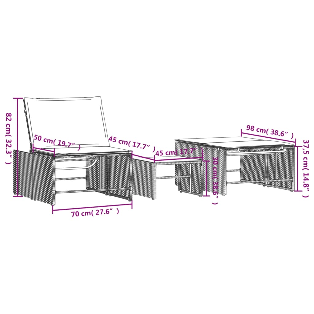 vidaXL Modular Daybed Set 2 Pieces with Table Black Poly Rattan