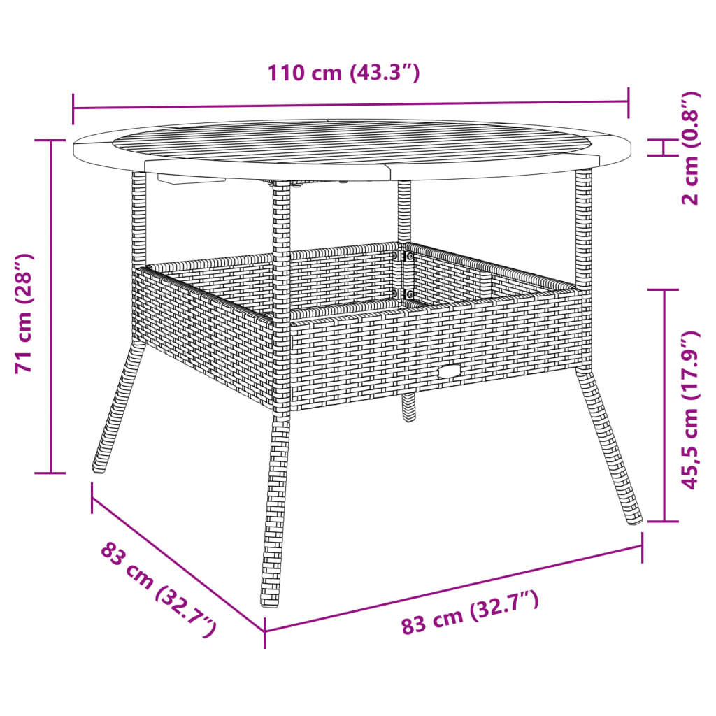 vidaXL Garden Table with Acacia Wood Top Ø110x71 cm Poly Rattan Black