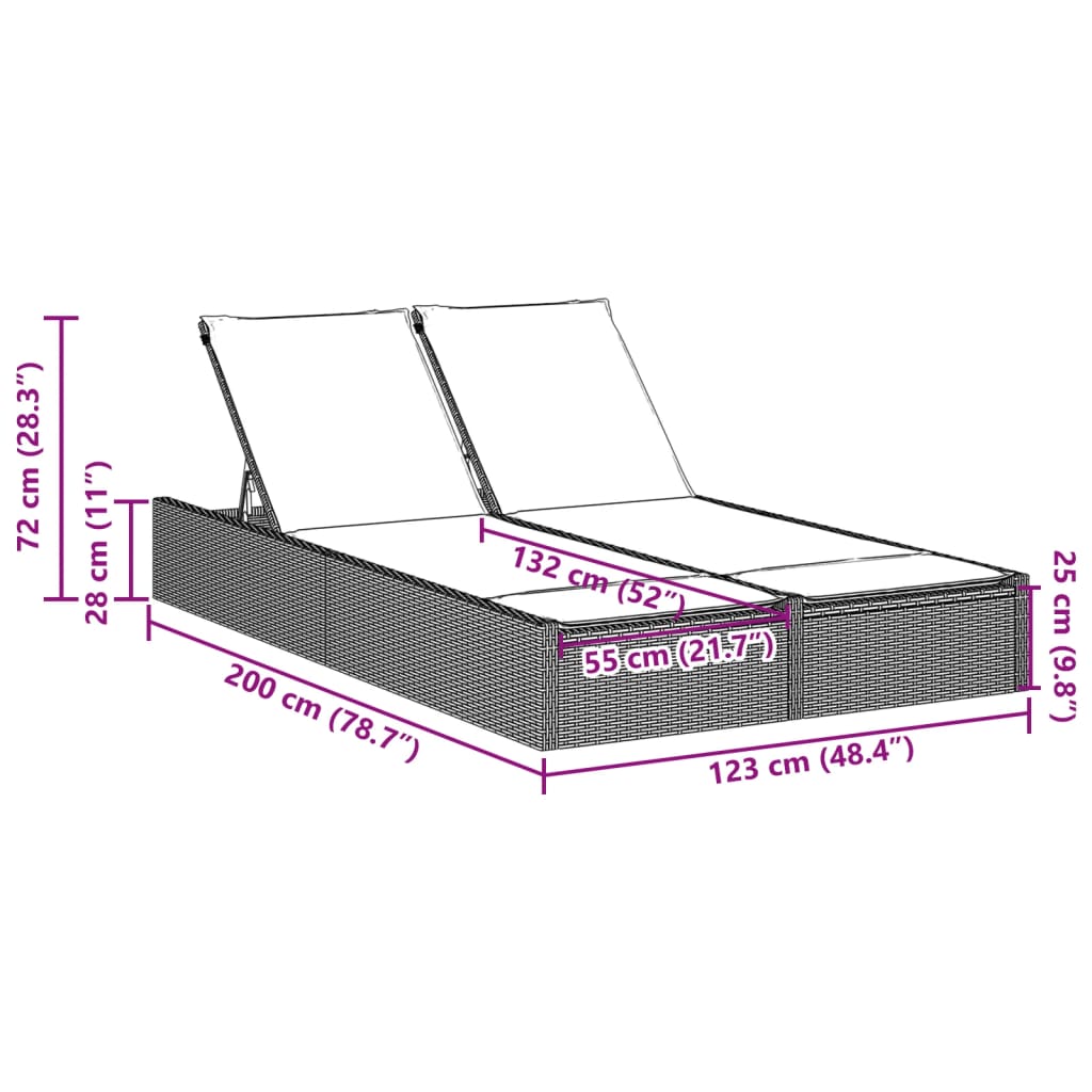 vidaXL Ligbed 2-persoons met kussens poly rattan zwart