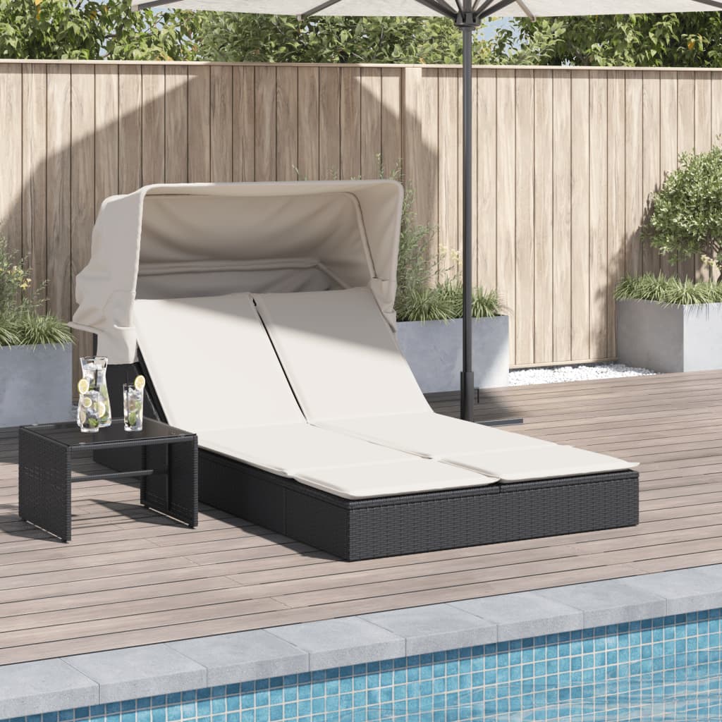 vidaXL Ligbed 2-persoons met luifel en kussens poly rattan zwart