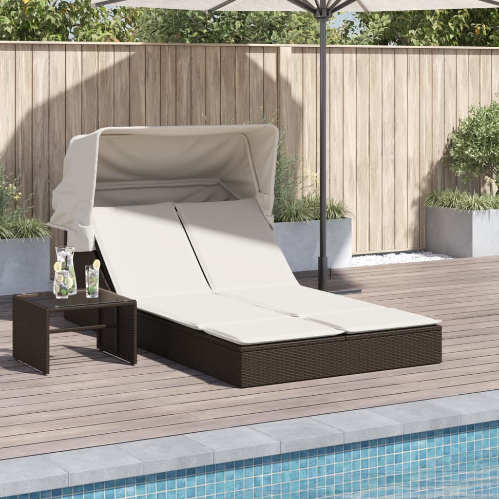 vidaXL Ligbed 2-persoons met luifel en kussens poly rattan zwart