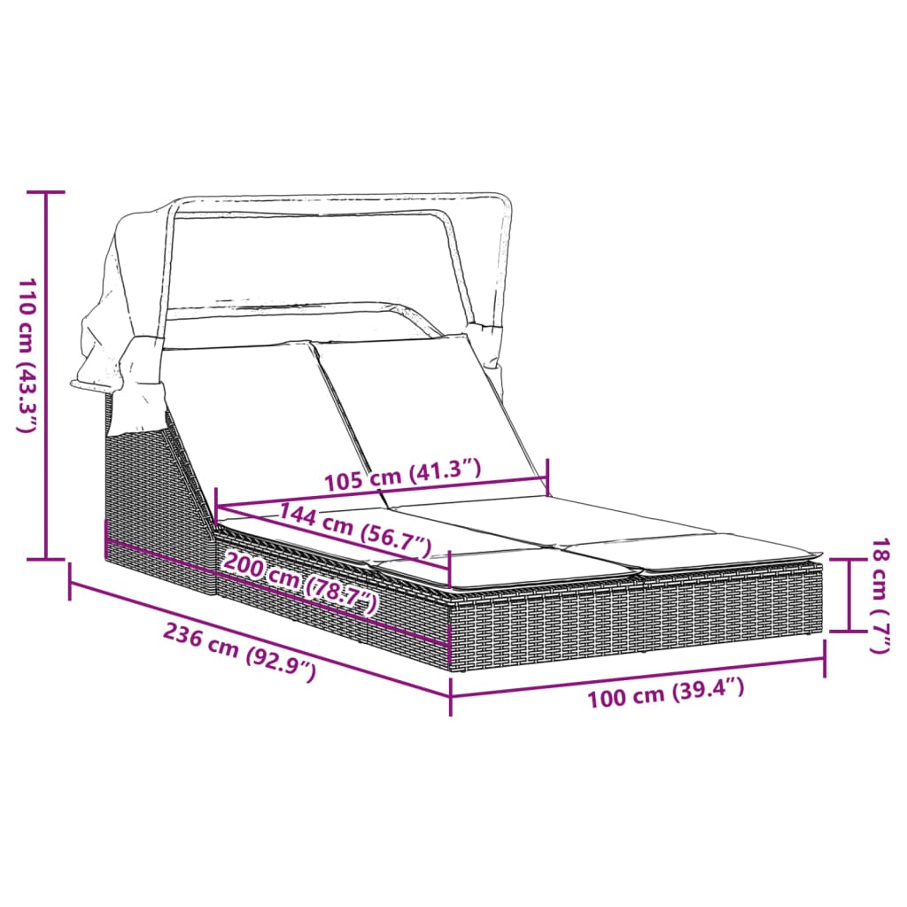 vidaXL Ligbed 2-persoons met luifel en kussens poly rattan zwart