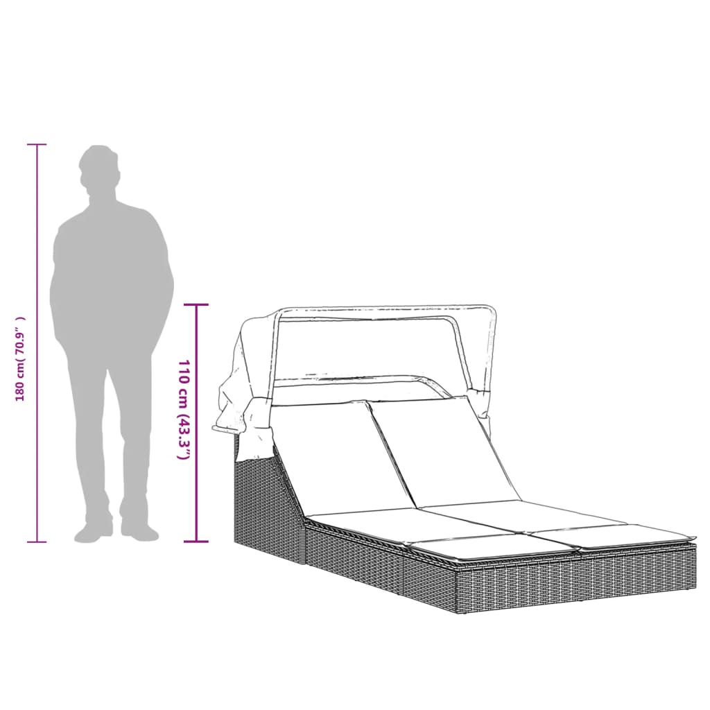 vidaXL Ligbed 2-persoons met luifel en kussens poly rattan zwart