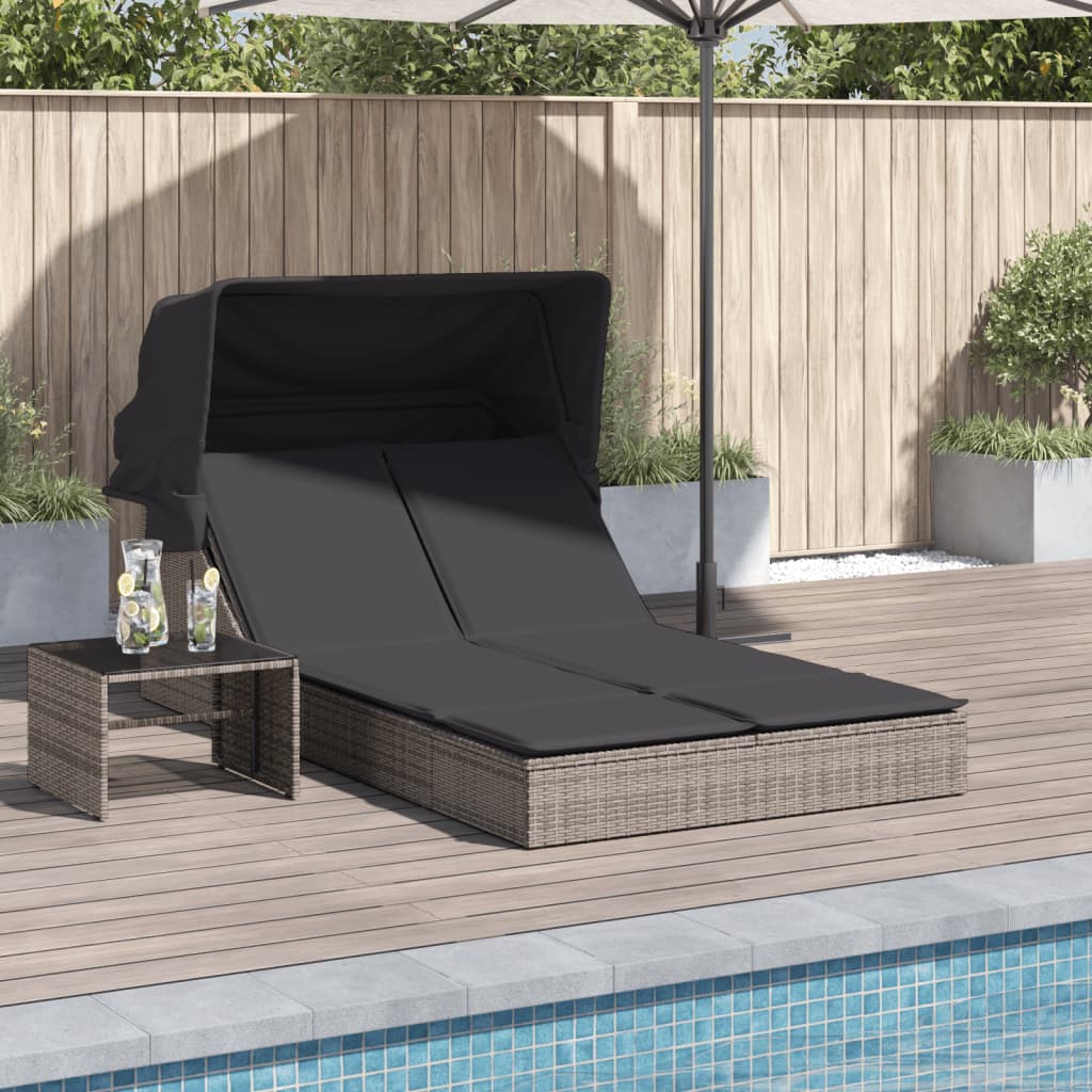 vidaXL Ligbed 2-persoons met luifel en kussens poly rattan zwart
