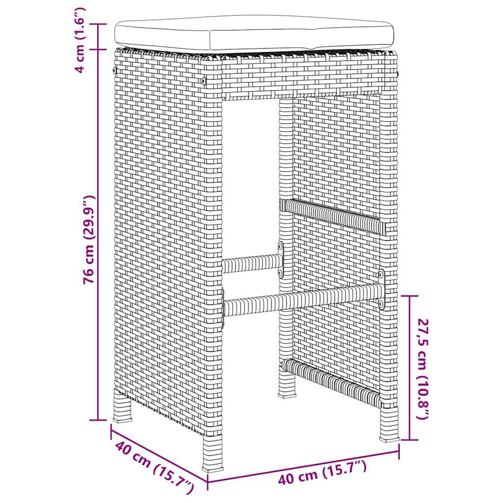 vidaXL Tuinbarkrukken 2 st met kussens poly rattan bruin