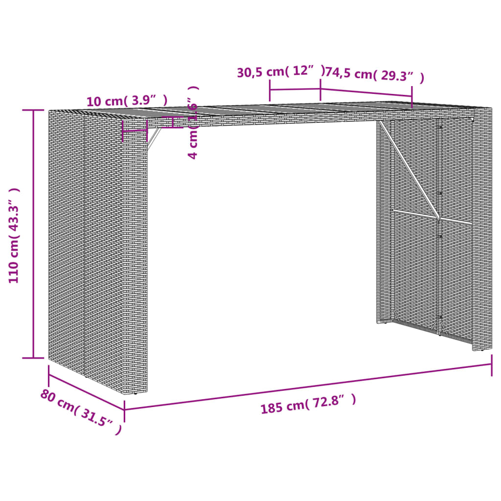 vidaXL Tuinbartafel acaciahouten blad 105x80x110 cm poly rattan zwart