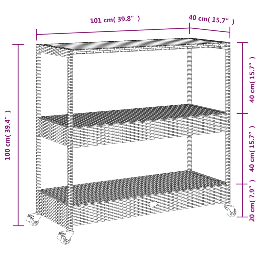 vidaXL Bartrolley 3-laags poly rattan en massief acaciahout zwart