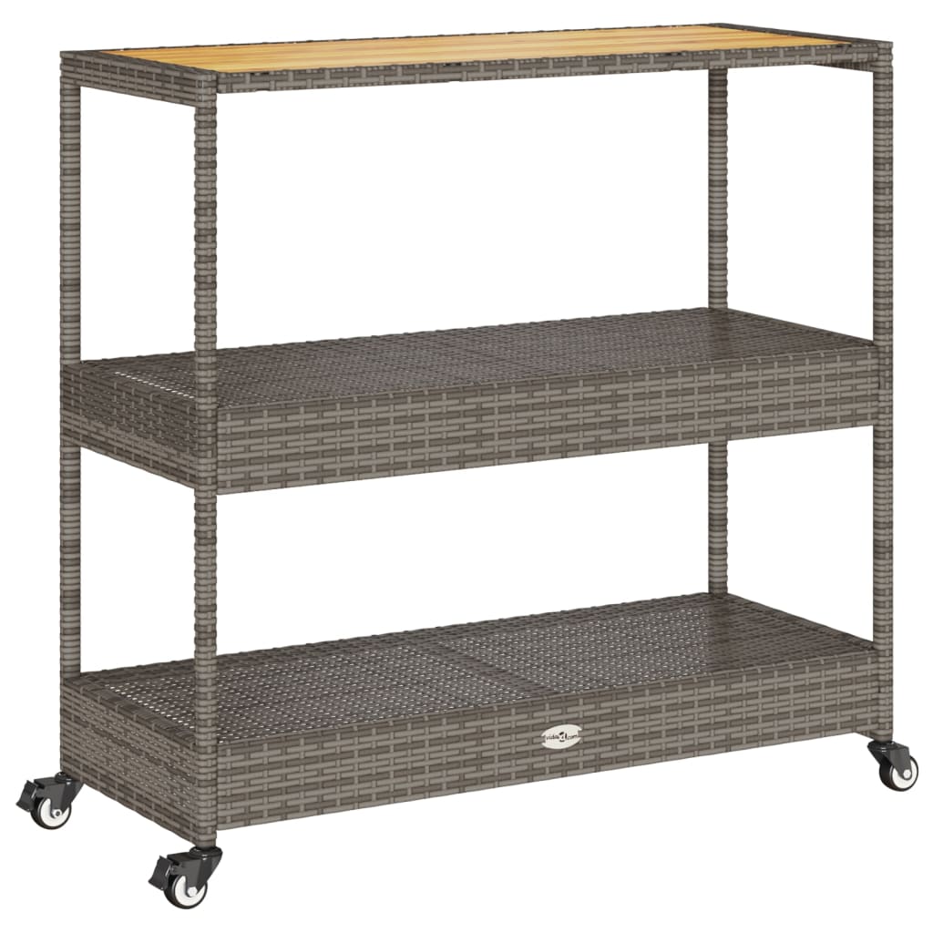 vidaXL Bartrolley 3-laags poly rattan en massief acaciahout zwart