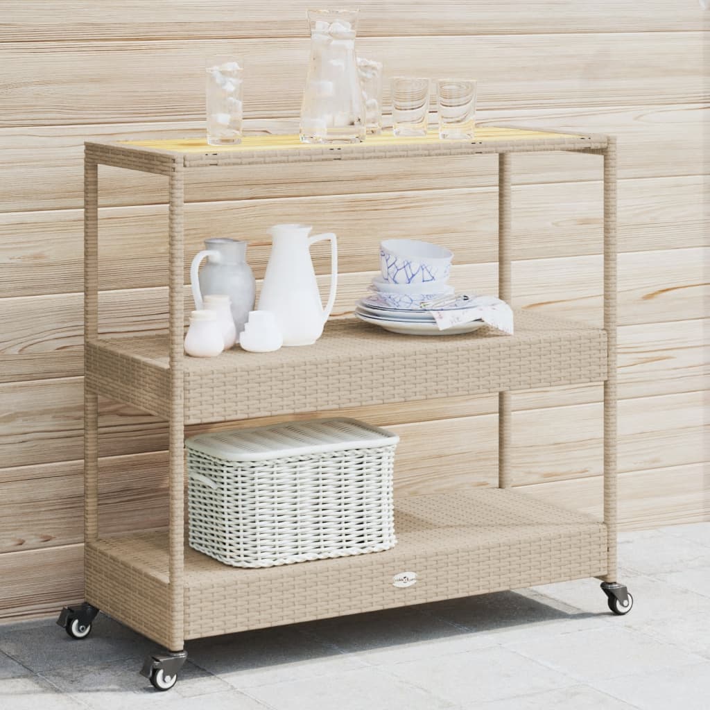 vidaXL Bartrolley 3-laags poly rattan en massief acaciahout zwart