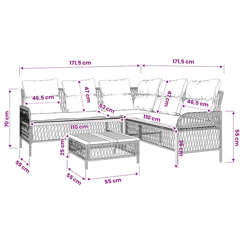 vidaXL 2-delige Loungeset met kussens poly rattan zwart
