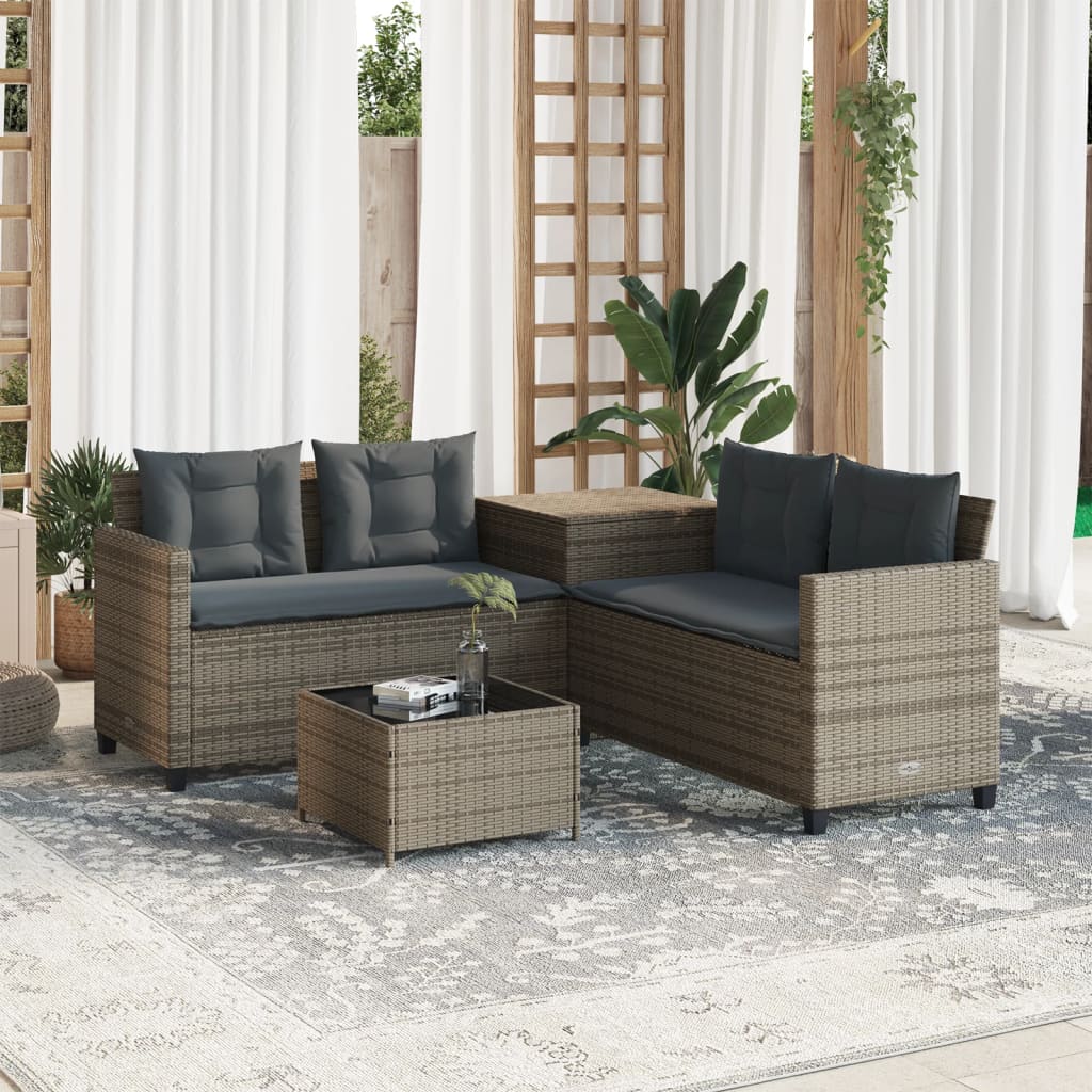 vidaXL L-Shaped Poly Rattan Garden Sofa with Table and Cushions Black