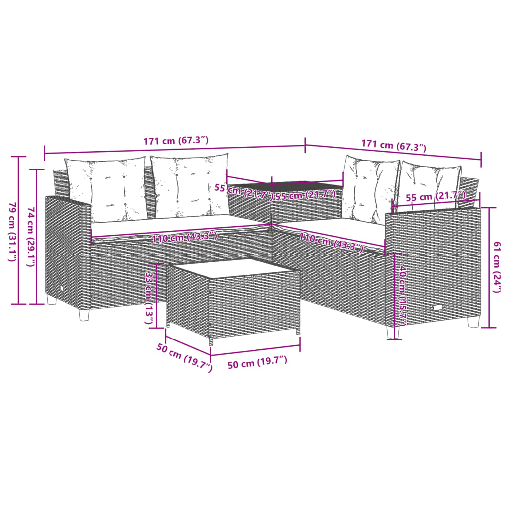vidaXL L-Shaped Poly Rattan Garden Sofa with Table and Cushions Black