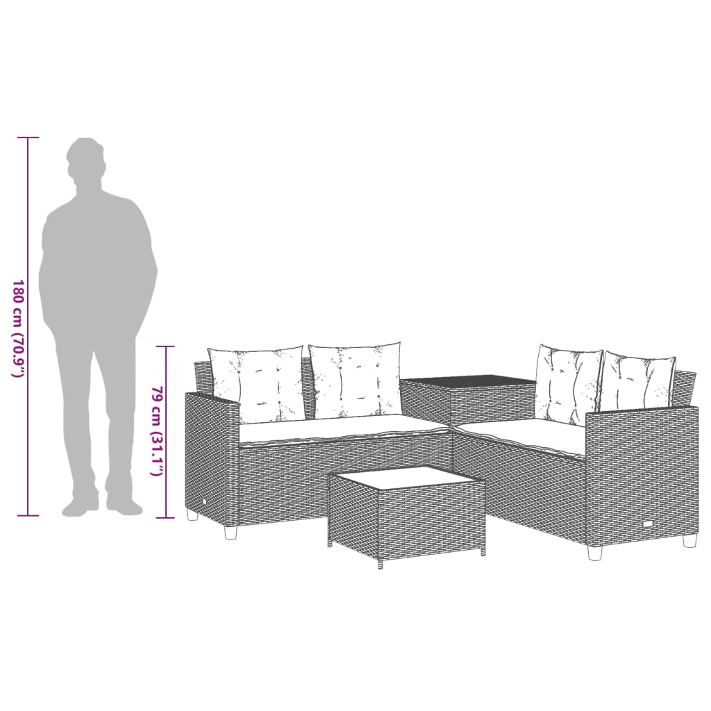vidaXL L-Shaped Poly Rattan Garden Sofa with Table and Cushions Black