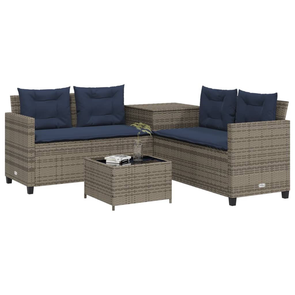 vidaXL Tuinbank met tafel en kussens L-vormig grijs poly rattan