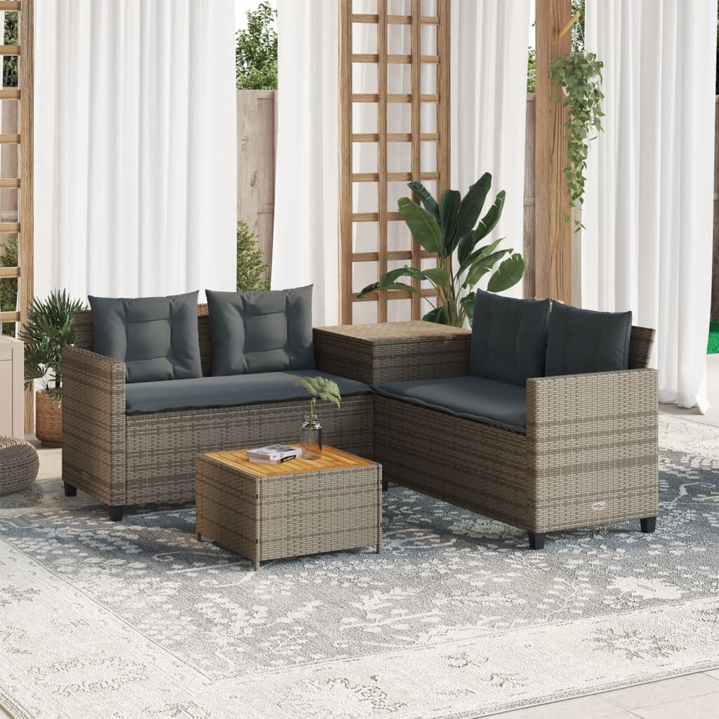 vidaXL L-Shaped Poly Rattan Garden Sofa with Table and Cushions Black