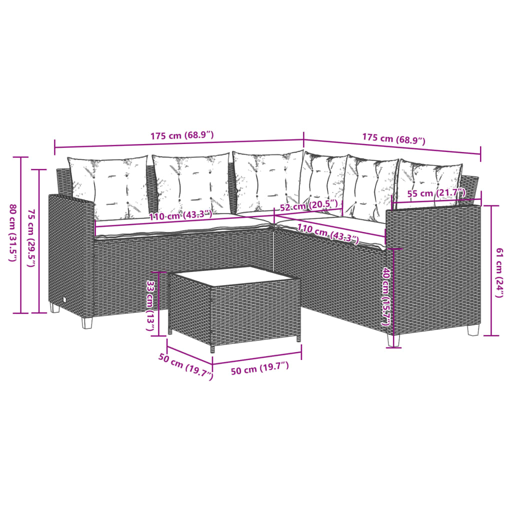 vidaXL Tuinbank met tafel en kussens L-vormig grijs poly rattan