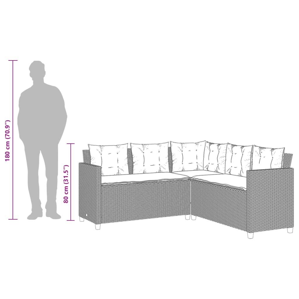 vidaXL Tuinbank met tafel en kussens L-vormig grijs poly rattan