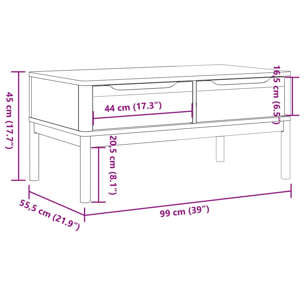vidaXL Salontafel FLORO 99x55,5x45 cm massief grenenhout wasbruin