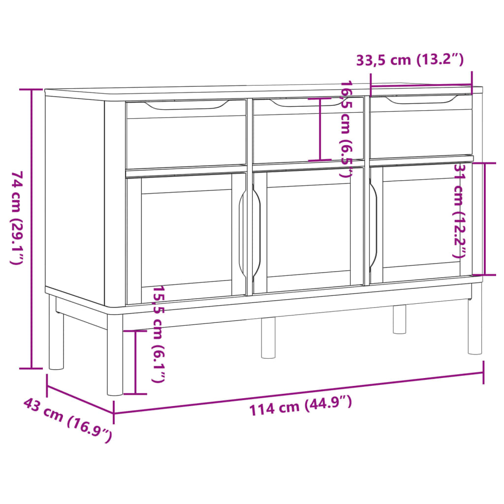 vidaXL Sideboard FLORO 114x43x74 cm solid pine wash brown