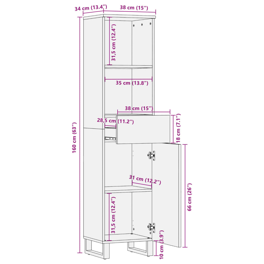 vidaXL Dressoir 38x34x160 cm massief ruw mangohout