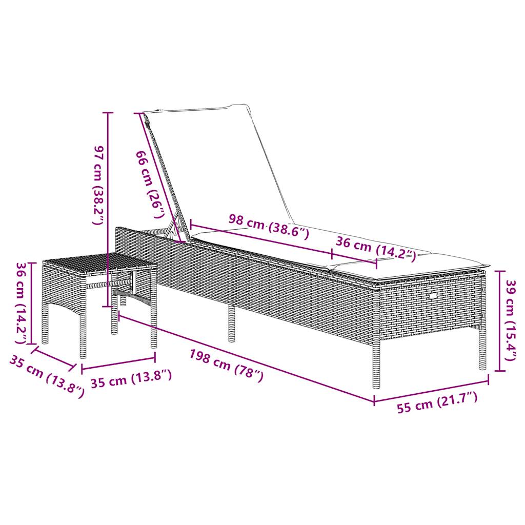 vidaXL Ligstoel met tafel en kussen, grijs polyrotan