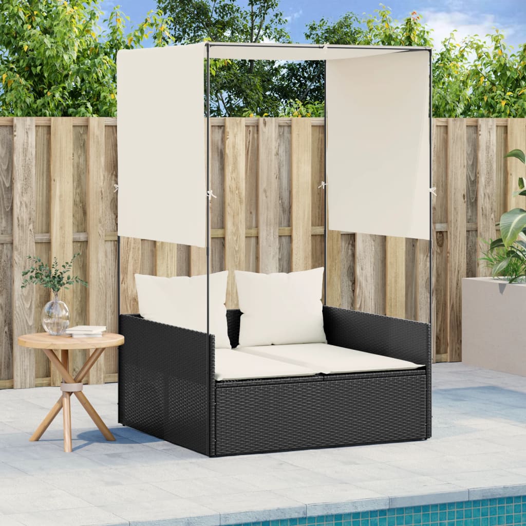 vidaXL Double Sun Lounger with Roof and Curtain Poly Rattan Black