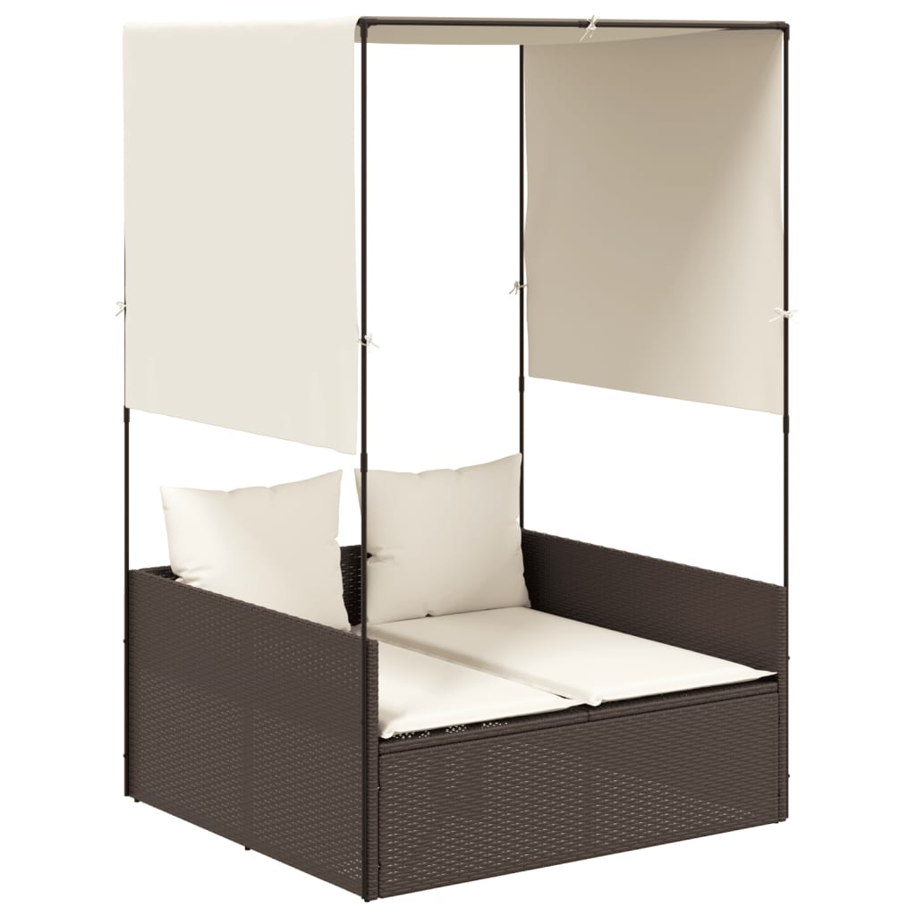 vidaXL Double Sun Lounger with Roof and Curtain Poly Rattan Black