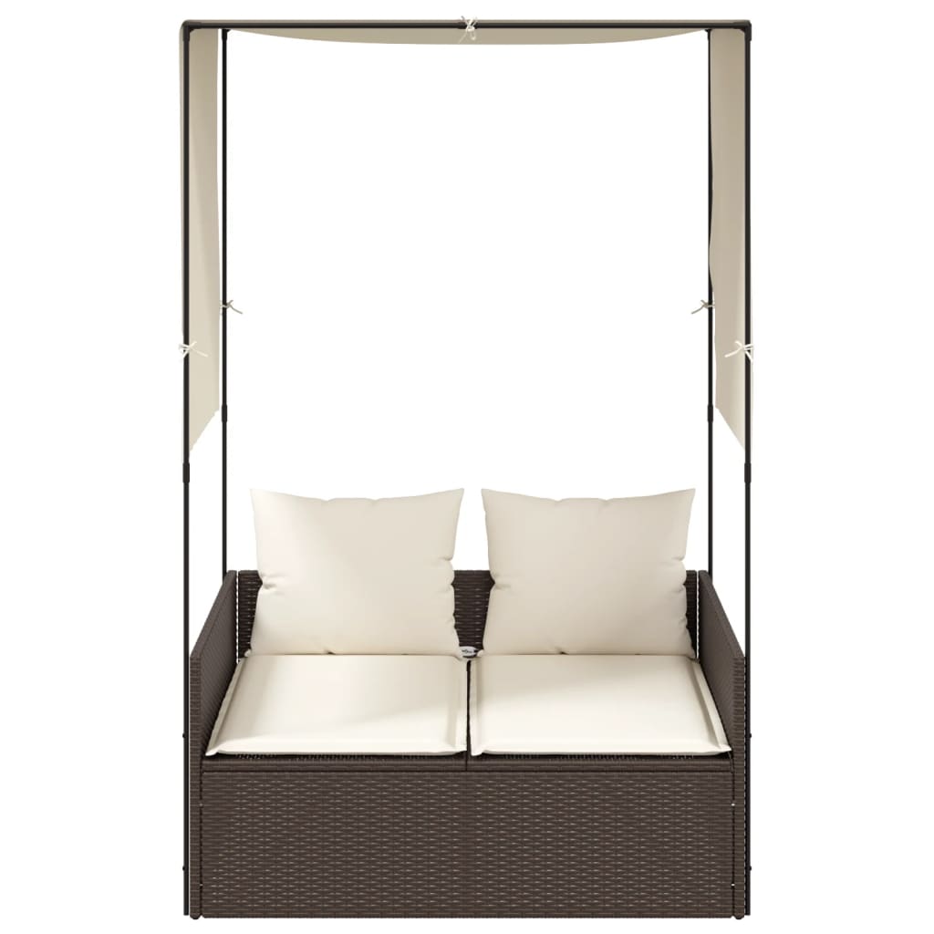 vidaXL Double Sun Lounger with Roof and Curtain Poly Rattan Black