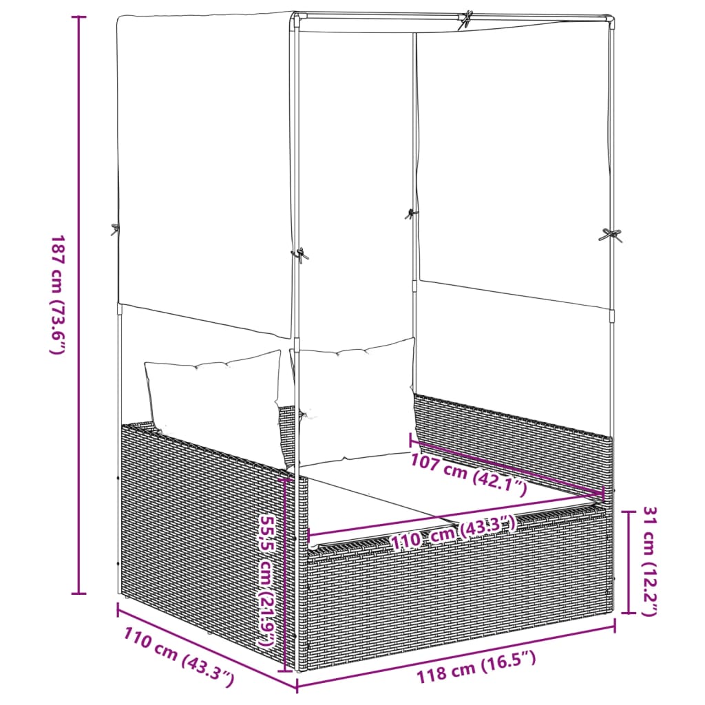 vidaXL Double Sun Lounger with Roof and Curtain Poly Rattan Black