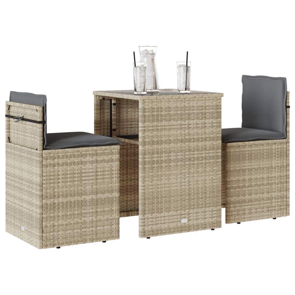 vidaXL 3-delige Bistroset met kussens poly rattan zwart