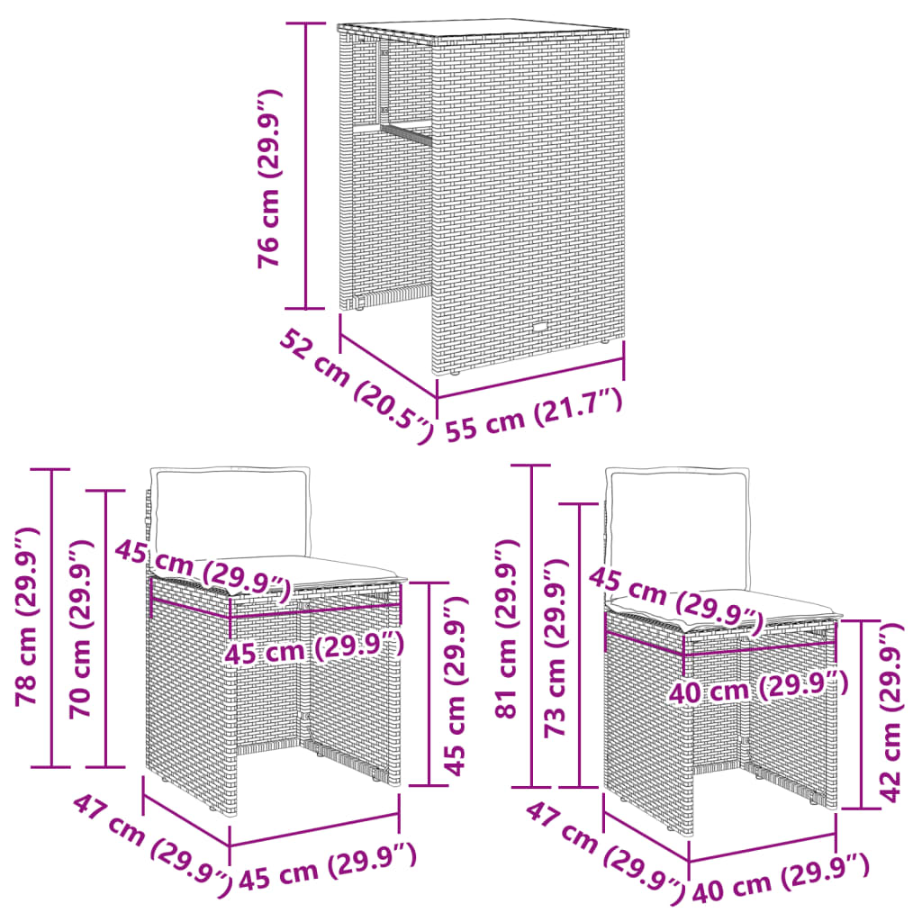 vidaXL 3-delige Bistroset met kussens poly rattan zwart