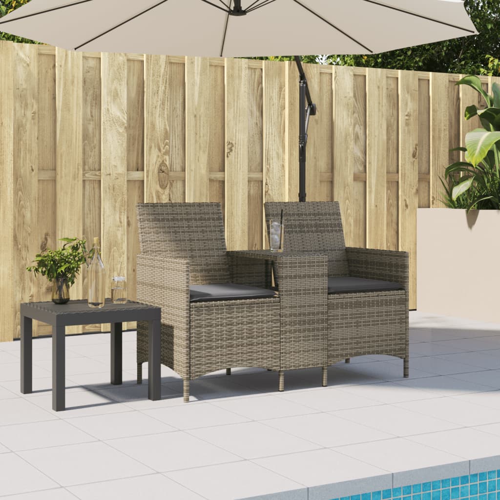 vidaXL Tuinbank 2-zits met tafel en kussens poly rattan zwart