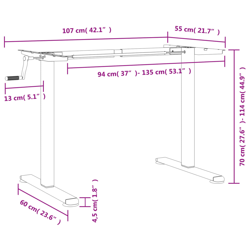vidaXL Zit-sta bureauframe (94-135)x60x(70-114) cm staal wit
