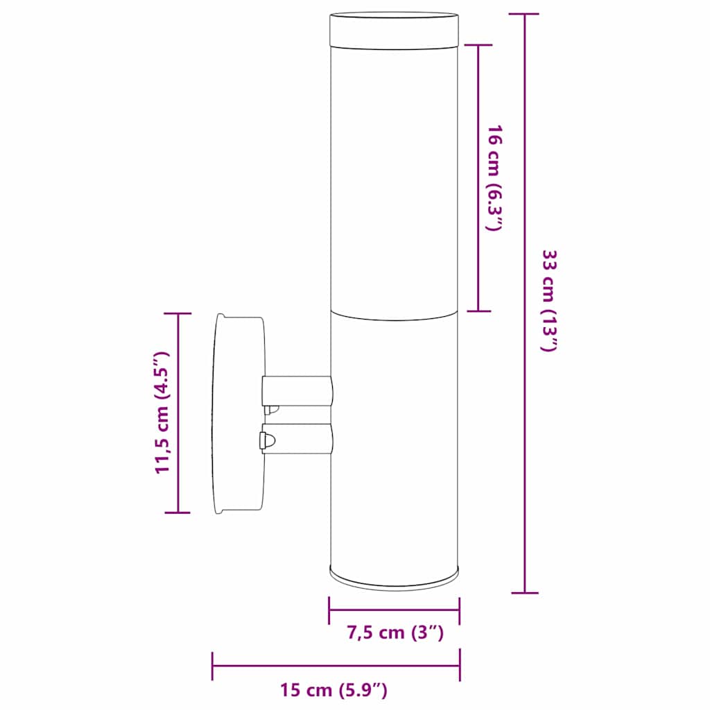 vidaXL Outdoor Wall Lamp Silver 15 x 7.5 x 33 cm Stainless Steel and Plastic