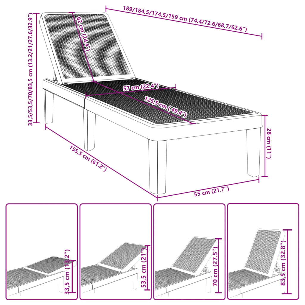 vidaXL Ligbed in 4 standen verstelbaar 155,5x57x28 cm polypropeen