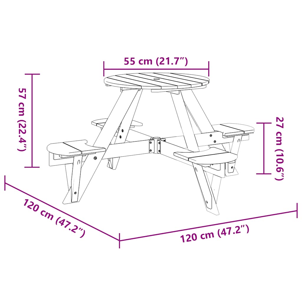 vidaXL Children's Picnic Table for 4 with Parasol Hole, Round Pinewood